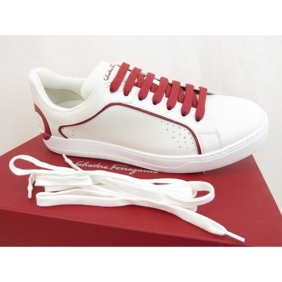 $795 FERRAGAMO MANHATTAN WHITE LEATHER RED GANCINI LOGO SNEAKERS 11 M ITALY main image 14